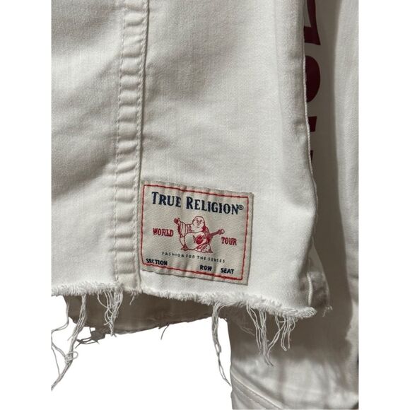 True Religion Fashion trucker with Red Logo on Sleeves Sz XS White Jean Jacket - Picture 8 of 11